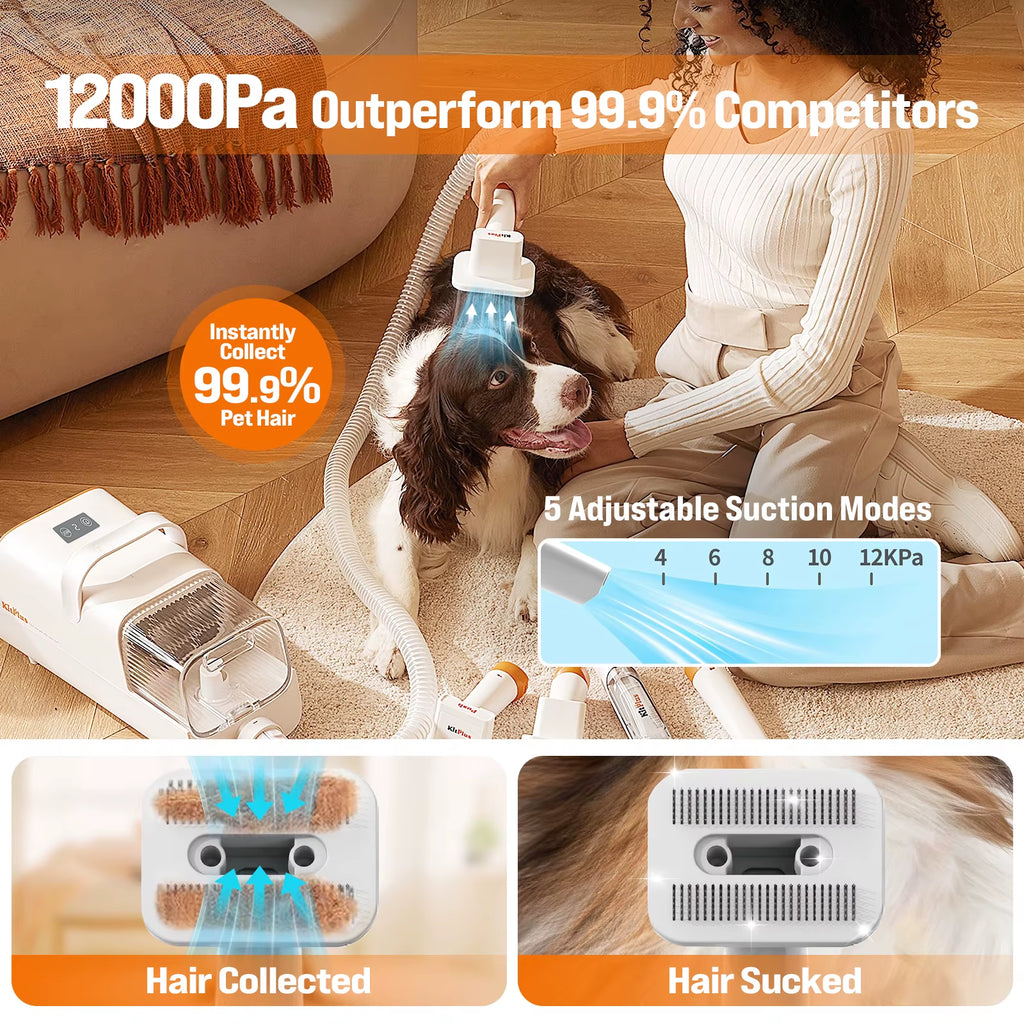 Professional Dog Grooming Kit with Rechargeable Hair Trimmer, High-Efficiency 12000Pa Suction, 99% Pet Hair Removal, 2L Large Capacity Vacuum, and 11 Essential Tools